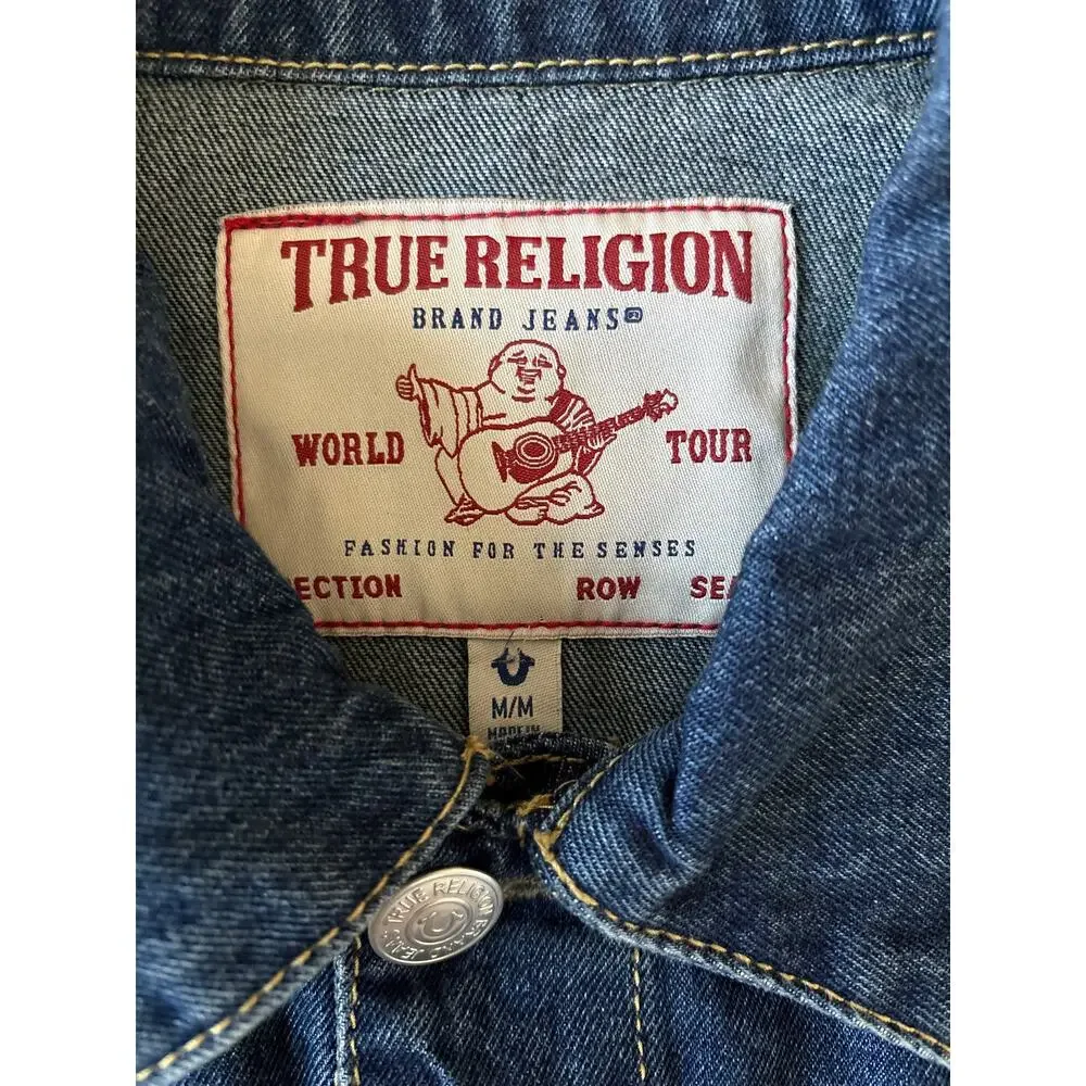 True Religion World Tour Jimmy Super T Blue Jean Jacket Mens Sz M Dark Wash Blue